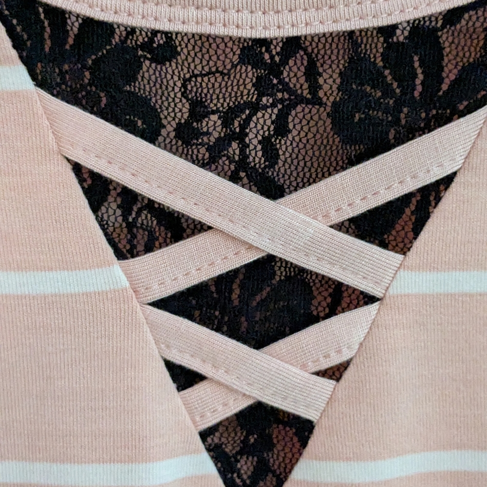Long Sleeve Light Pink And White Stripe Shirt With Peekaboo Black Lace